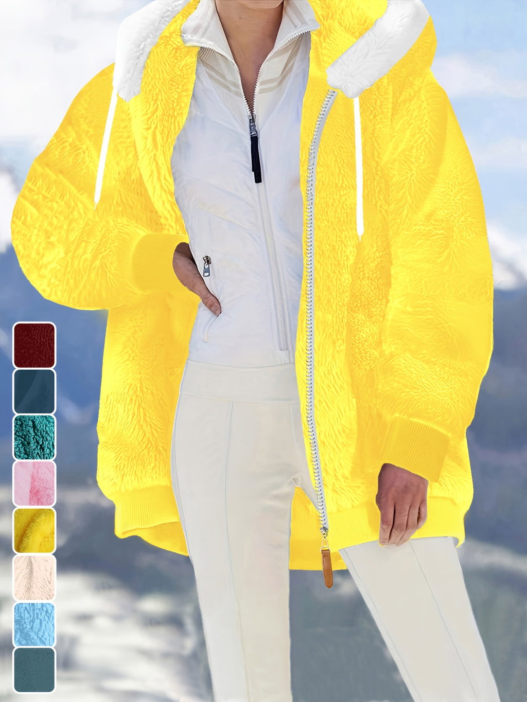Ladies Autumn Winter Relaxed Cut Plush Hooded Outercoat, Contrast Color Trim Zip Front Warm Lined Jacket, Ribbed Cuff Windproof Casual Outerwear for Daily Commuting and Cold Season Everyday Styling - Yellow