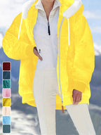 Ladies Autumn Winter Relaxed Cut Plush Hooded Outercoat, Contrast Color Trim Zip Front Warm Lined Jacket, Ribbed Cuff Windproof Casual Outerwear for Daily Commuting and Cold Season Everyday Styling - Yellow