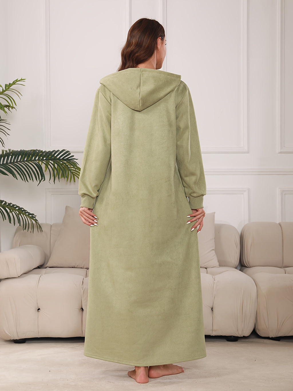 Directional Zipper Neckline Hooded Pocket Long Sleeve Casual Matcha-Colored Dress, Jalabiya 2026 Autumn Winter Women'S Holiday Party Dress, Vacation Wear, Exotic Style Attire, Women'S Soft And Elegant Outfit - Matcha Color