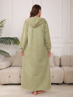 Directional Zipper Neckline Hooded Pocket Long Sleeve Casual Matcha-Colored Dress, Jalabiya 2026 Autumn Winter Women'S Holiday Party Dress, Vacation Wear, Exotic Style Attire, Women'S Soft And Elegant Outfit - Matcha Color