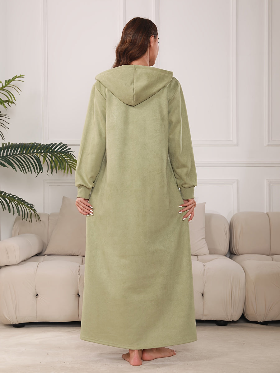 Directional Zipper Neckline Hooded Pocket Long Sleeve Casual Matcha-Colored Dress, Jalabiya 2026 Autumn Winter Women'S Holiday Party Dress, Vacation Wear, Exotic Style Attire, Women'S Soft And Elegant Outfit - Matcha Color