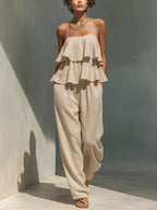 Women'S Elegant Ruffled Cake Layer Jumpsuit - Apricot