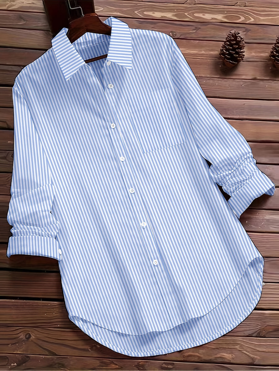Women'S Autumn Casual Vintage Commute Long Sleeve Checkered Striped Shirt - Powder blue