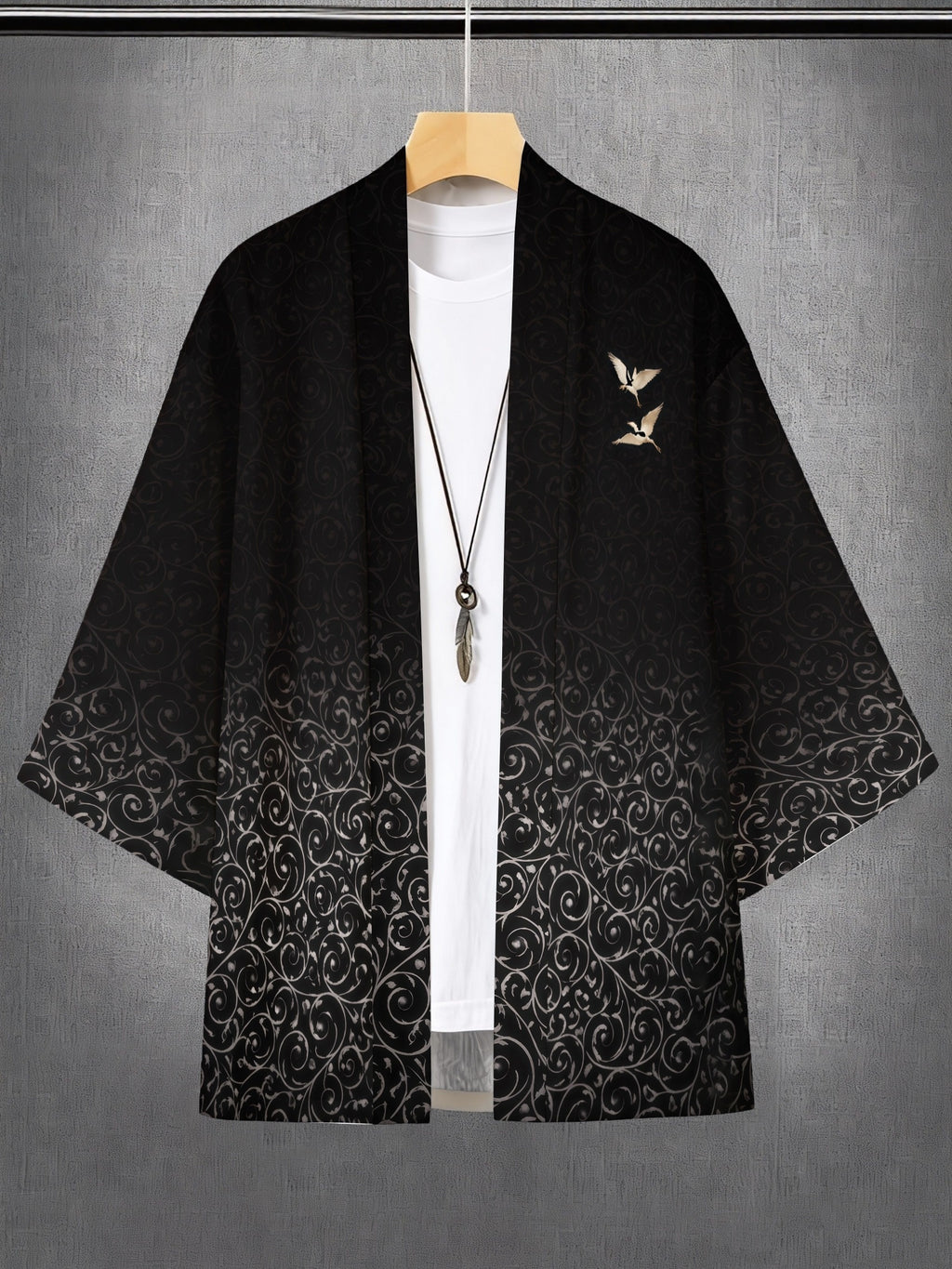 2026 Gradient Color Crane Print Cardigan Men'S Retro Feel And Design Sense Southeast Asia Kimono - Black