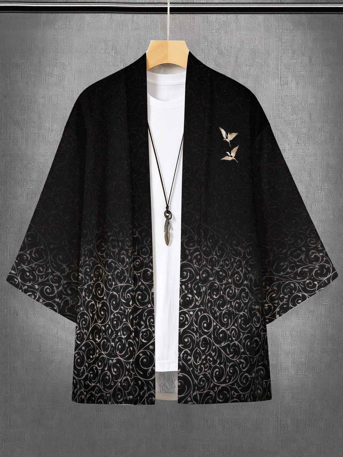 2026 Gradient Color Crane Print Cardigan Men'S Retro Feel And Design Sense Southeast Asia Kimono - Black