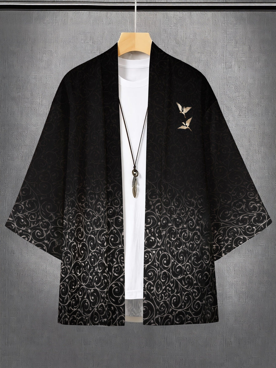 2026 Gradient Color Crane Print Cardigan Men'S Retro Feel And Design Sense Southeast Asia Kimono - Black