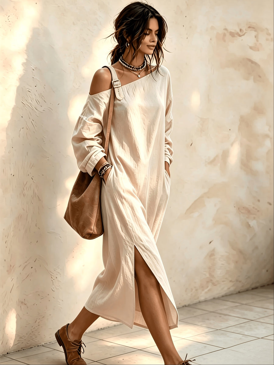 Women's Asymmetric Off-Shoulder Long Dress, Casual Long Sleeve Loose Split Midi Dress with Pockets, Suitable for Daily Commuting, Vacation, and Office Wear - Apricot
