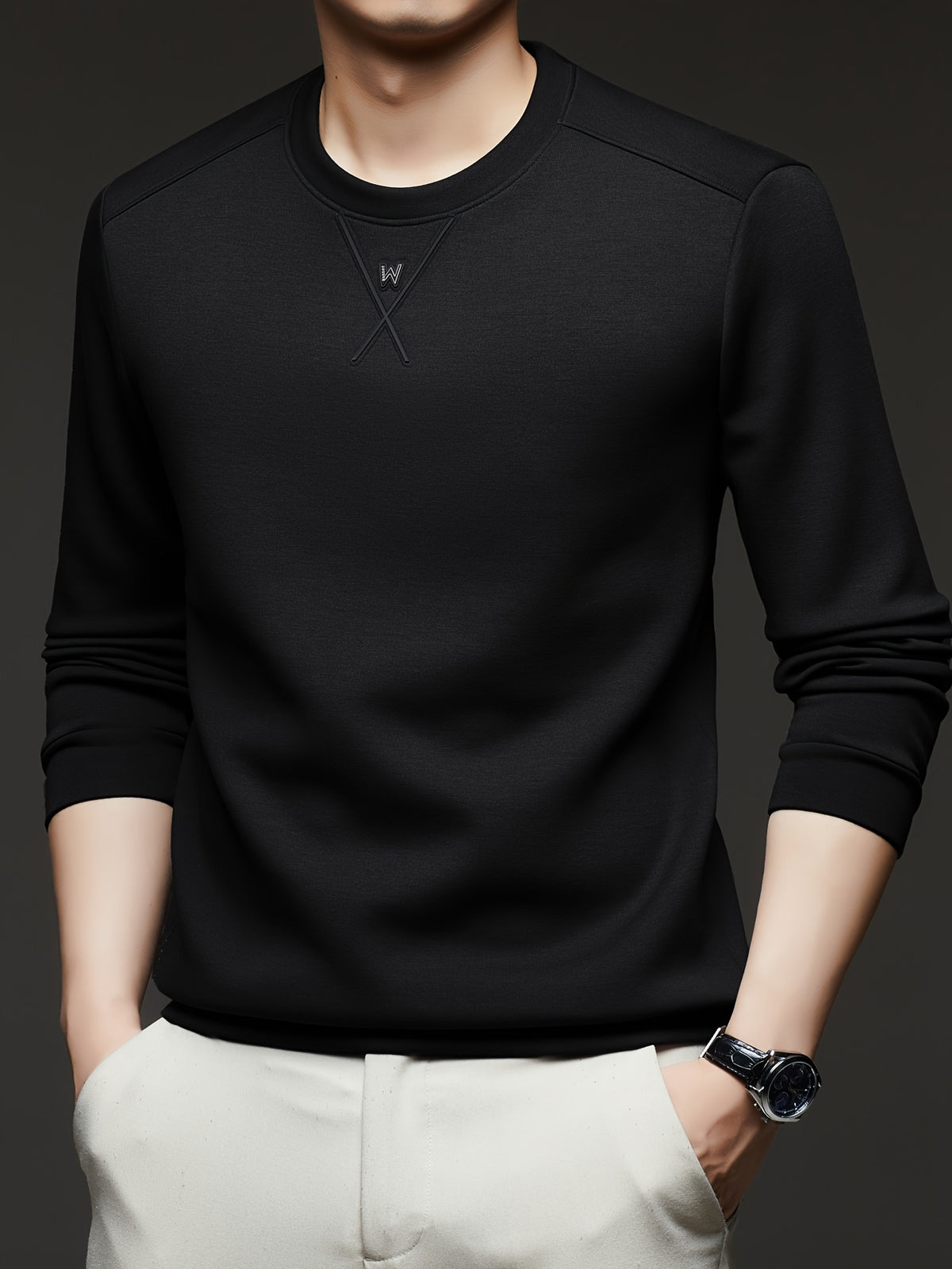 [Xingfan] 2026 Summer Men'S Long Sleeve T-Shirt Solid Round Neck Athletic Base Layer Sweatshirt - Black
