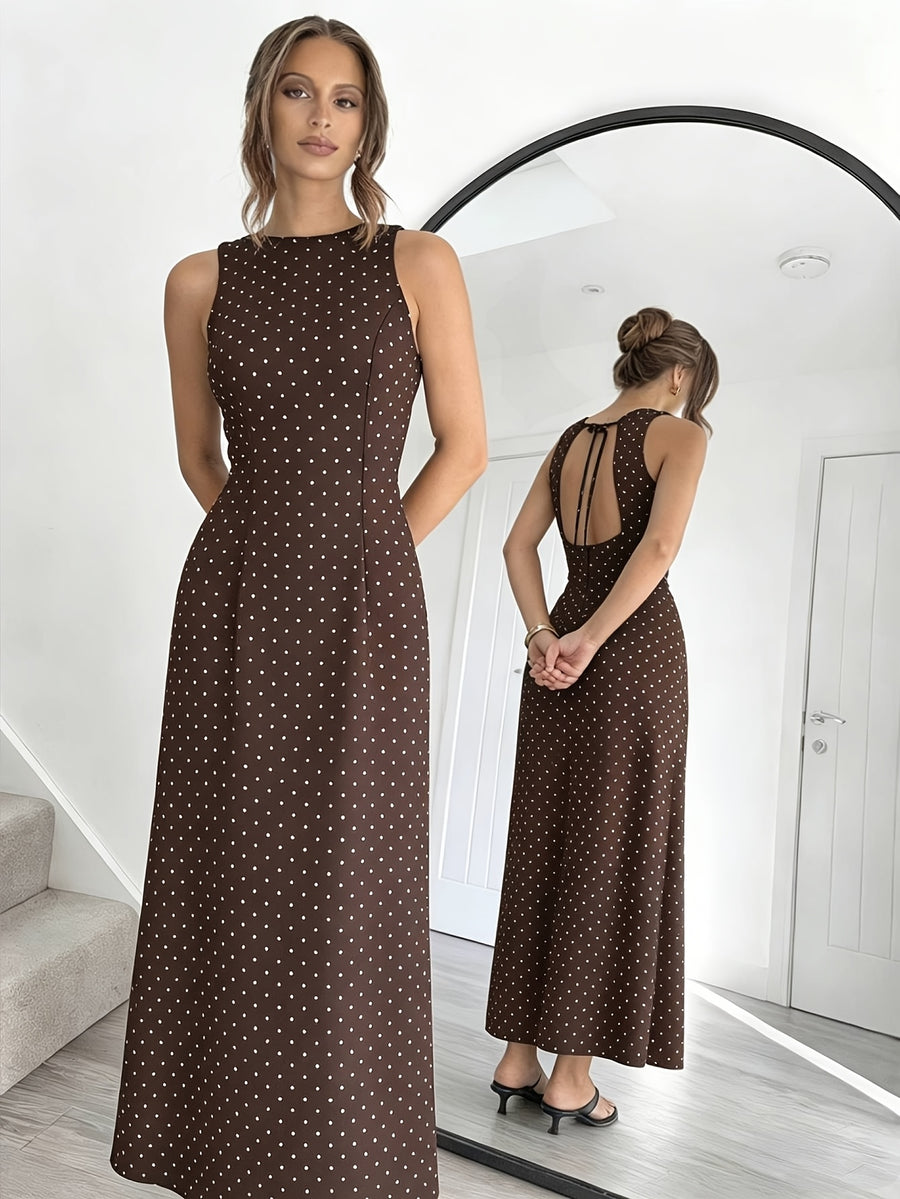 Women's Brown Polka Dot Round Neck Sleeveless Backless Cut-Out Tie-Up Slim Fit Elegant Vintage Sexy Dress - Coffee Brown