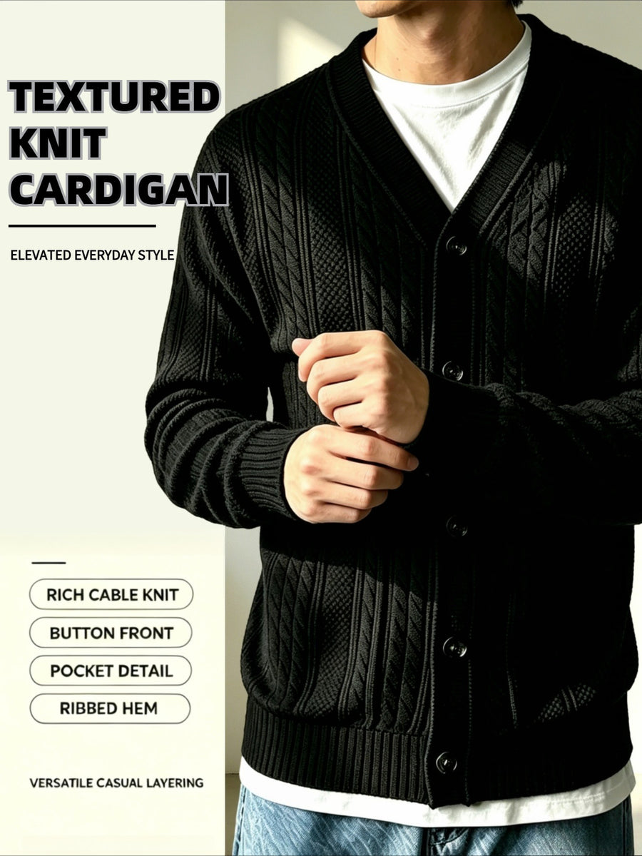 Men's V-neck Knitted Cardigan with 3D Embossed Jacquard Design, Simple and Mature Light Style, Spring/Autumn Regular Fit, Button Closure with Side Pockets, Blended Knit Fabric, Multi-color Casual Outerwear for Home, Outings, Dates, and Commuting - Black