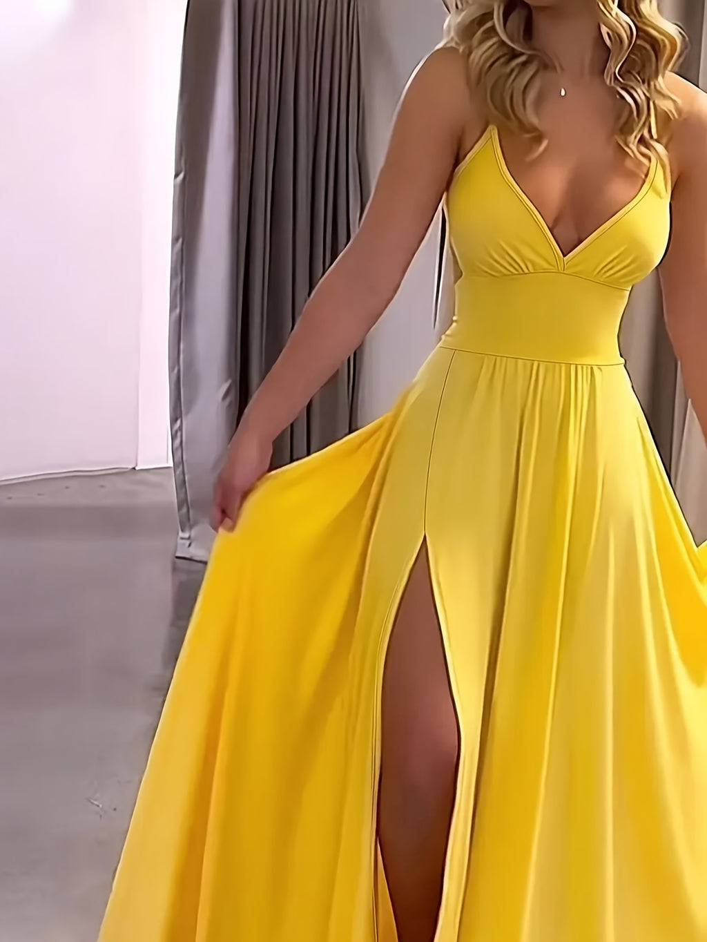 Solid Split Thigh Tie Backless Cami Dress, Elegant Sleeveless V-Neck Waist Dress, Women'S Clothing for Party Dressing - Yellow