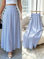New Women's Striped A-Line Skirt, Simple and Stylish for Commuting, Casual, and Business, Elegant Half-Skirt with Button-Decorated Pockets - Blue