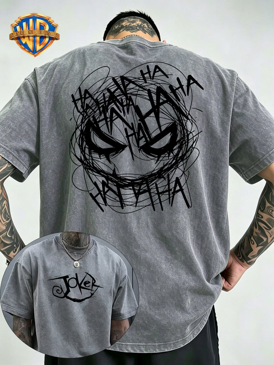 Joker JOKER Casual HA Smile Front Back Print Washed T-Shirt, Men'S 100% Fabric, Casual Comfortable Style, Loose Fit Breathable Short Sleeve Men'S Casual Top, Distressed Washed Loose Fit - Grey