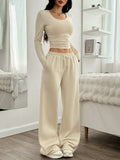 Spring/Autumn 2pcs Women's Casual Solid Color Pleated Round Neck Short T-Shirt and Wide-Leg Drawstring Waist Pants Set - Apricot