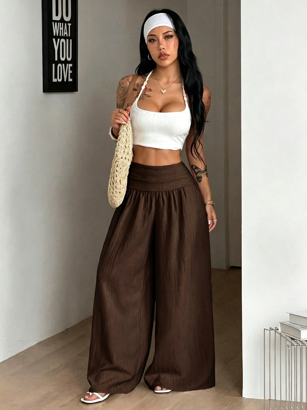 Women's Autumn/Winter Elegant Casual Vacation Solid Color Loose Textured Wide-Leg Pants - Coffee Color