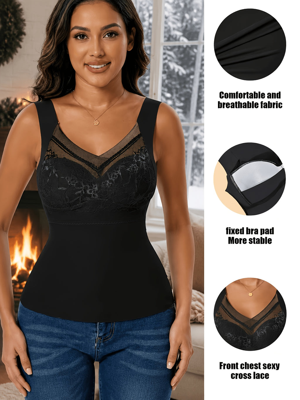 1pc Women's Vest Warm All-In-One Wireless Bra Built-In Fixed Padding High-Elastic Fabric Suitable for Various Body Shapes Non-Deformable for Long Wear Suitable for Various Scenes In Autumn And Winter Seasons - Black