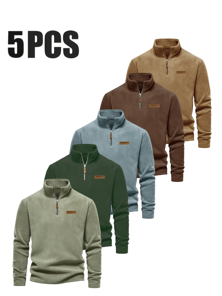 Men'S Fleece Half-Zip Sweatshirt 5pcs Set Autumn Winter Comfortable Warm Casual All-Match Style - Mint Green + Dark Green + Gray Blue + Red Brown + Orange