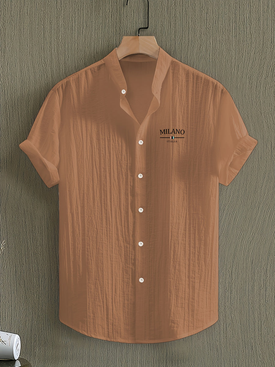 [Pearson OBM] Men'S Summer Print Short Sleeve Casual Stand-Up Collar Shirt, Button-Up Top Fashion Versatile Blouse, Lightweight Breathable Fabric for Beach Vacation Pool Party - Yellowish-brown