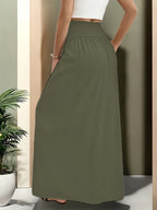 Ladies' Elegant High-Waisted Solid Color Skirt with Elastic Waistband and Pockets - Versatile Midi Summer Dress, Machine Washable, Suitable for Holiday Casual or Office Wear - Beach Outing - Opaque Material - fern green