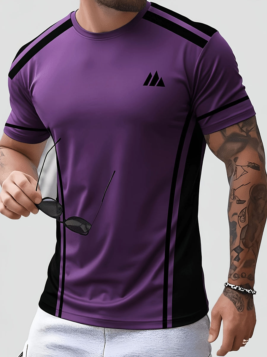 Men'S Trendy Casual Sports T-Shirt, Yellow Black Contrast Striped Mountain Peak Small Label Print Design, Fashionable Thin Breathable T-Shirt, Machine Washable Casual Short Sleeve Top - Mixed Color 4