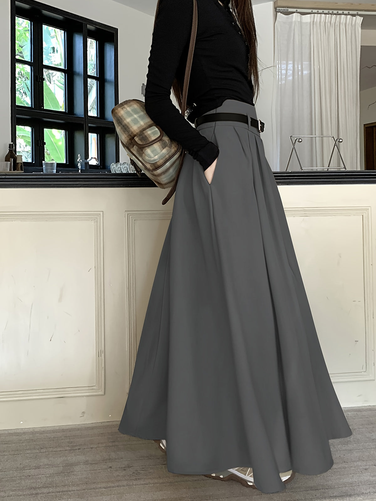 Fashionable, Elegant, and Graceful Pleated Midi/maxi Skirt for Workplace, Daily Wear, Commuting, and Office Use. Simple, Form-fitting Design Suitable for Spring and Autumn - Grey