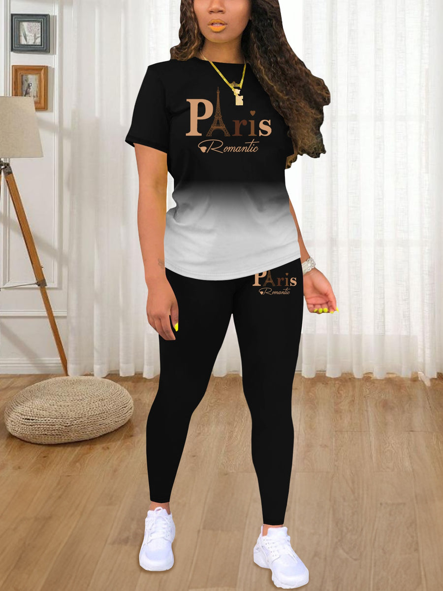 Fashionable Women'S Spring/Summer Set | Crew Neck Short Sleeve Printed Top with Long Pants | Architectural Pattern, Regular Fit - Black