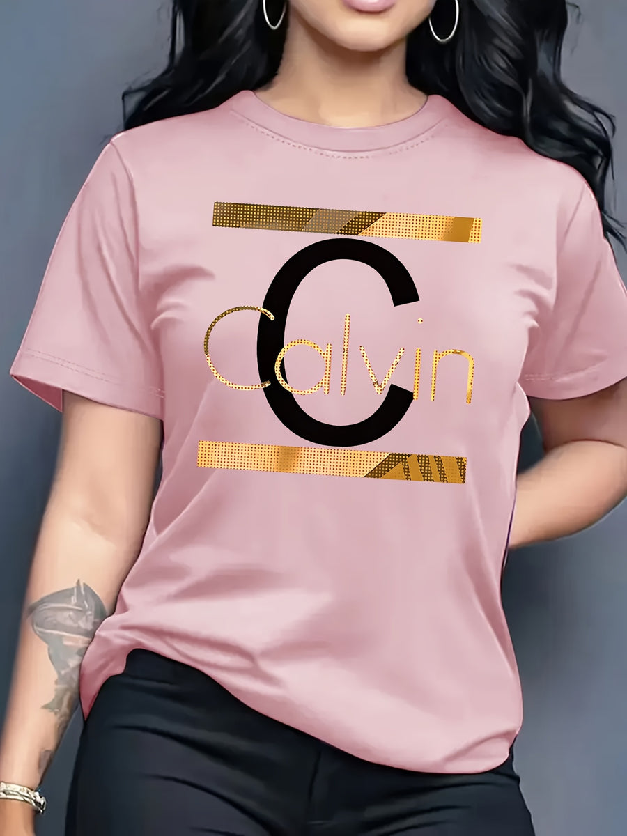 Calvin, Spring and Summer Graphic Print T-shirt, Short Sleeve Crew Neck Casual Top for Summer & Spring, Women's Clothing - Pink