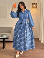 Plus Size - Summer Hot New Plus Size Women'S Casual Elegant French Belt Print Long Sleeve Dress - Bright Steel Blue