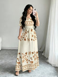 Women'S Floral And Geometric Digital Print A-Line Dress with a Round Neck And Short Sleeves, a Fitted Dress for Spring And Summer, Elegant Evening Gown for Women - Apricot