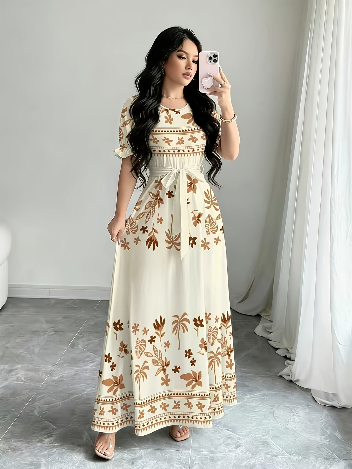 Women'S Floral And Geometric Digital Print A-Line Dress with a Round Neck And Short Sleeves, a Fitted Dress for Spring And Summer, Elegant Evening Gown for Women - Apricot