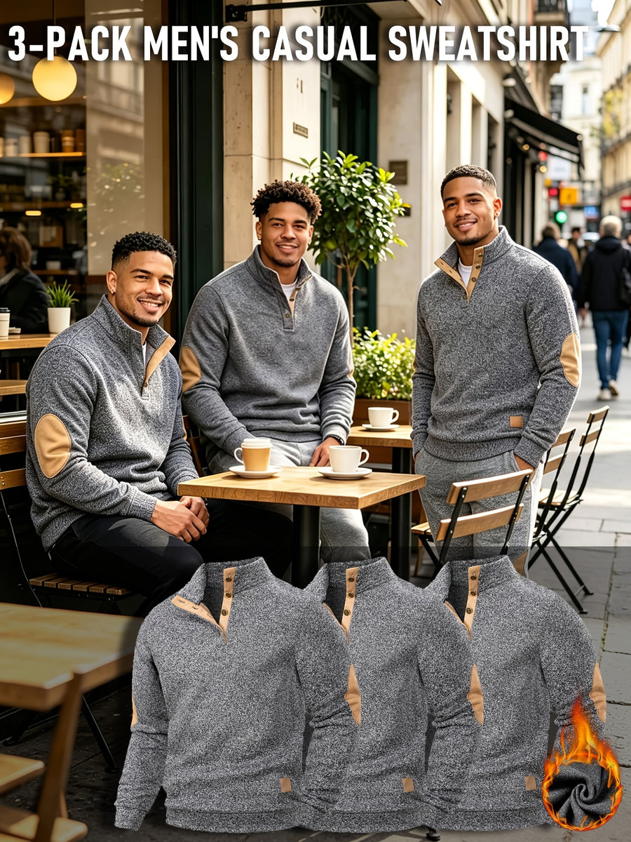 [Back-to-School Season] 3pcs - Men's Casual Long-Sleeve Pullover, Solid Color Long-Sleeve for Daily Outings, Commuting, and Back-to-School, Vintage Casual Autumn/Winter Regular Fit Versatile Style, Multi-pc, Stand Collar Lined for Warmth with Elbow - Dark Gray+dark Gray+dark Gray