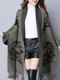 Pure Body Bust" Elegant Special Edition - 1pc Autumn/Winter New Arrival Women's Cardigan, Chinese Style Jacquard Color-Block Thickened Warm Windproof Batwing Sleeve Open Front Knitwear, Women's Elegant, Fashionable, and Versatile Fringe Shawl Sweater - Grey