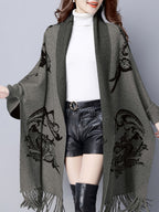 Pure Body Bust" Elegant Special Edition - 1pc Autumn/Winter New Arrival Women's Cardigan, Chinese Style Jacquard Color-Block Thickened Warm Windproof Batwing Sleeve Open Front Knitwear, Women's Elegant, Fashionable, and Versatile Fringe Shawl Sweater - Grey