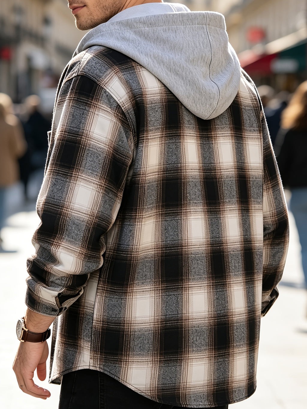 Men'S Hooded Plaid Shirt Jacket, Classic Color-Block Checkered Design, Layered And Practical, Loose Drop Shoulder Fit, Easy And Elegant Chest Pocket Detail, Suitable for Spring/Autumn Daily Commute, Casual Outings, And Dates - Khaki plaid pattern