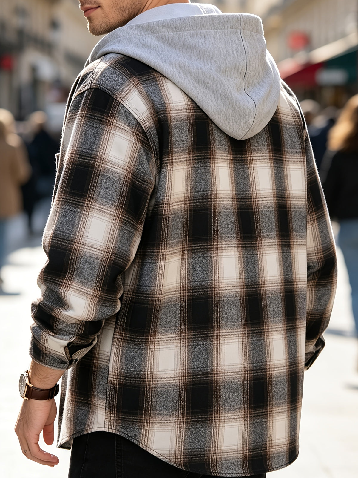 Men'S Hooded Plaid Shirt Jacket, Classic Color-Block Checkered Design, Layered And Practical, Loose Drop Shoulder Fit, Easy And Elegant Chest Pocket Detail, Suitable for Spring/Autumn Daily Commute, Casual Outings, And Dates - Khaki plaid pattern