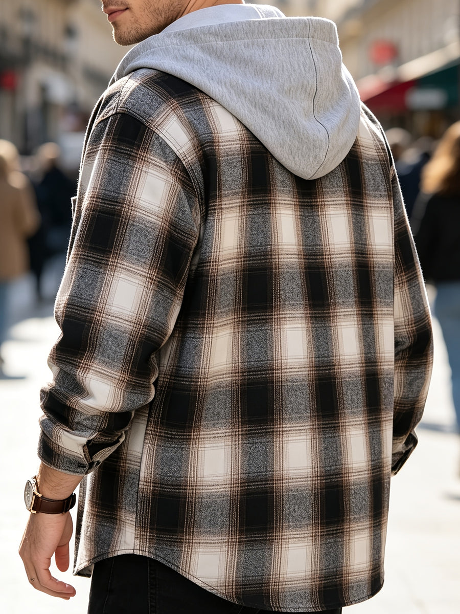 Men'S Hooded Plaid Shirt Jacket, Classic Color-Block Checkered Design, Layered And Practical, Loose Drop Shoulder Fit, Easy And Elegant Chest Pocket Detail, Suitable for Spring/Autumn Daily Commute, Casual Outings, And Dates - Khaki plaid pattern