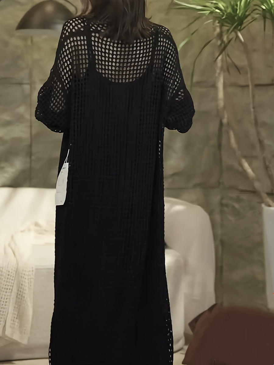 2026 Spring/Summer New Arrival Hollow-Out Long Cardigan Top for Women - Black