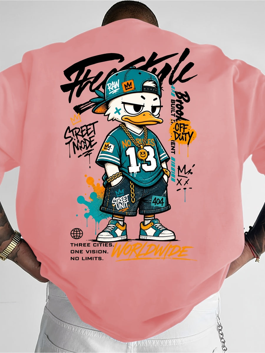Printed Design, Non-textured, European and American Casual Style Men's Leisure T-shirt with Duck Image, Layered with Street Font Graphics, for Daily Commuting and Casual Wear - Mixed Color 4