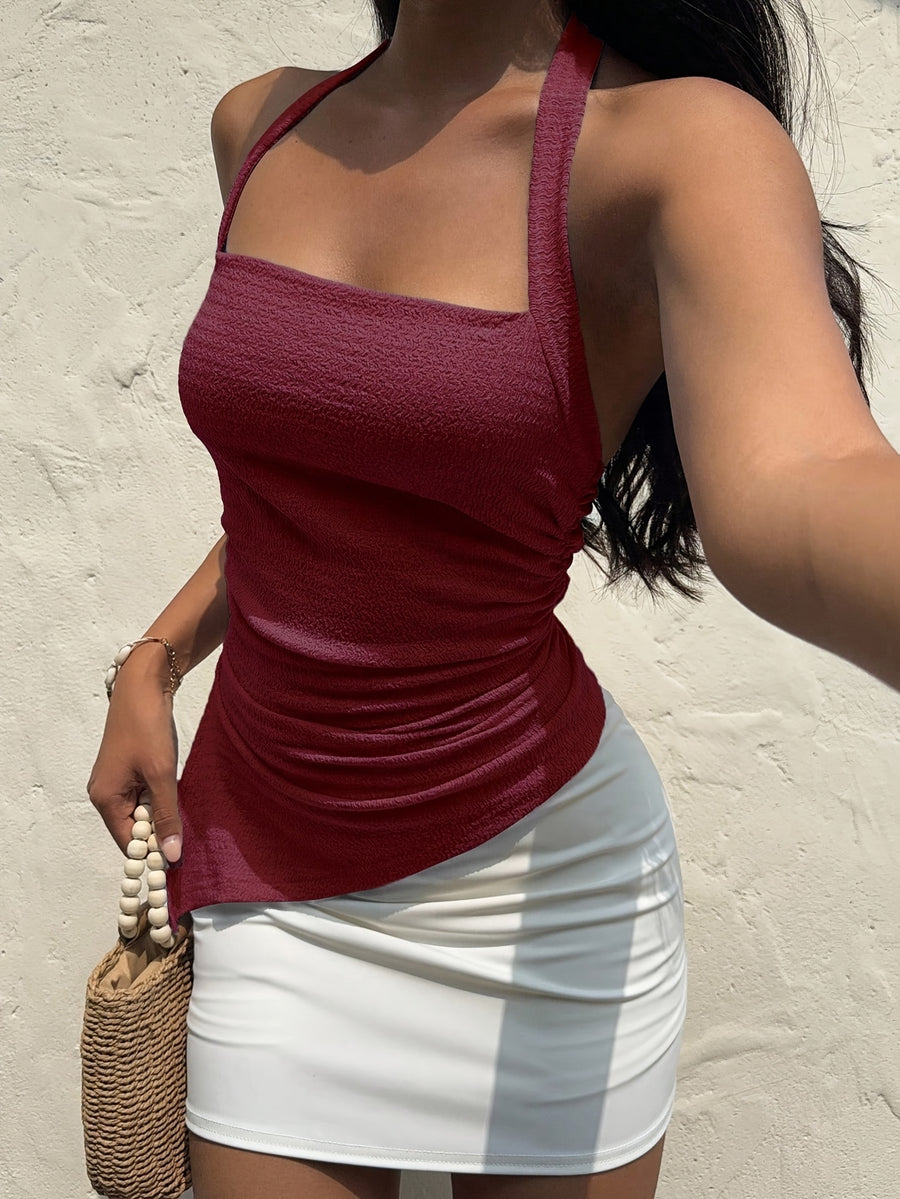 Women'S Casual Vacation Mechanically Fabric Irregular Hem Slit Halter Tie-Back Bow Cami - Deep Red