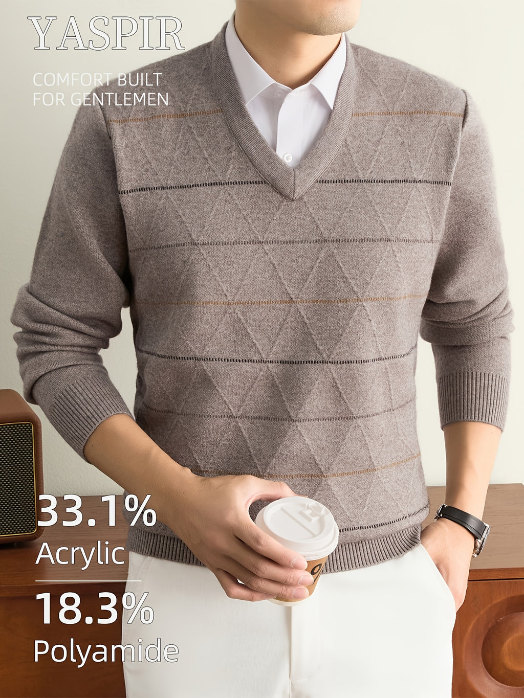 Autumn Winter Men'S Knit Pullover Sweater, Classic V-Neck Striped Design, Easy Casual Old Money Style Warm And Cold-Resistant, Suitable for Daily Commute, Leisure, Sports, Outdoor Camping, Hiking, Fishing, Holiday Gift for Father Or Husband - Camel