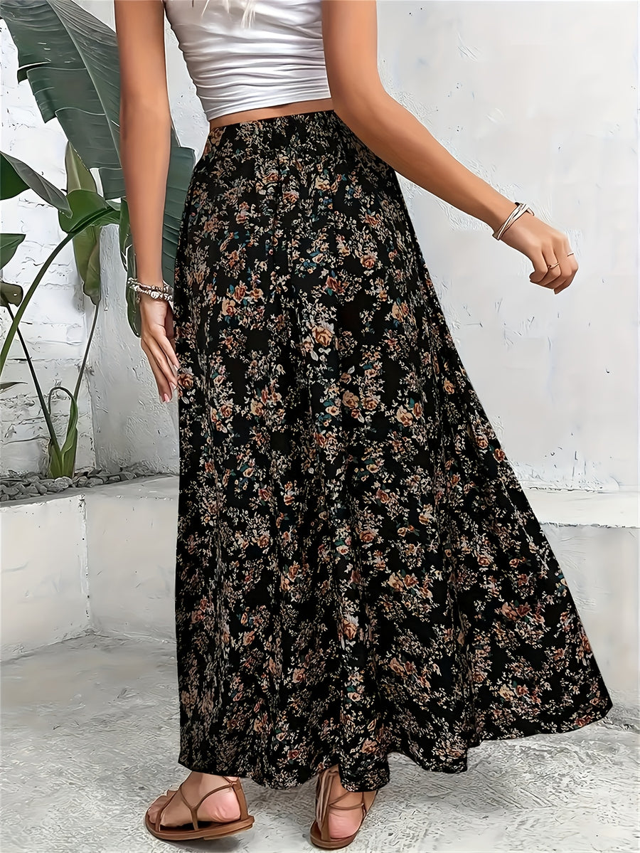 DJ260408847 Spring/Summer Elegant Small Floral Print Stretch Waist Bohemian Style Maxi Dress - Black