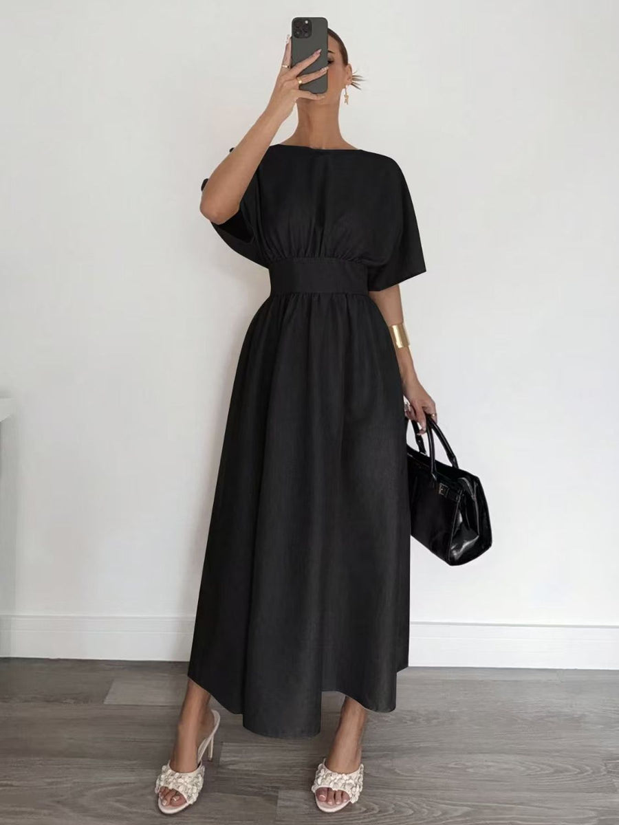 High-End Round Neck Short Sleeve Waist-Cinching Black Irregular Slit Long Dress, Date Evening Commute Urban Women'S Outfit Dress [YTD Cherry] - Black