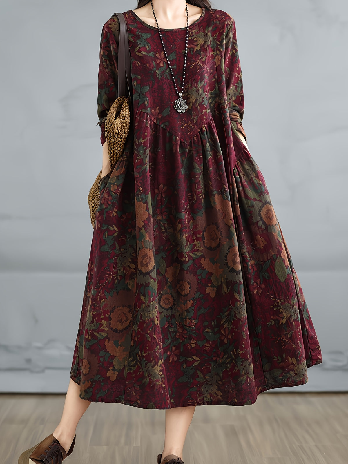 Spring/Autumn New Vintage Linen Printed Round Neck Long Sleeve Dress Women'S Loose Patchwork Cover-Up - Deep Red