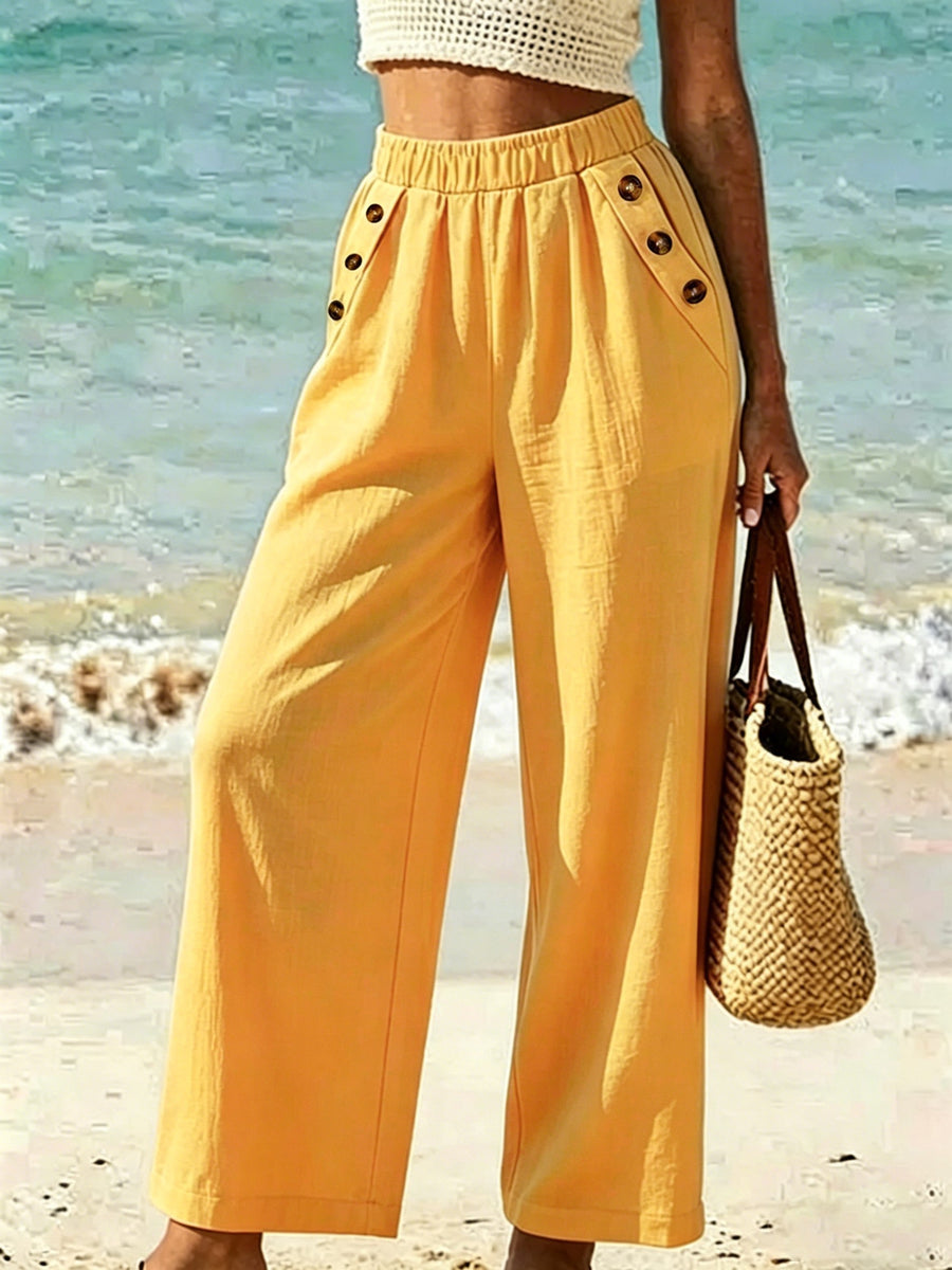 New Beautiful Women'S Elegant Solid Color Long Pants, with Elastic Waist And Pockets, Suitable for Commuting, Vacation, Street Fashion, Casual Afternoon Tea, And Daily Wear, Fashionable And Elegant Style - Yellow
