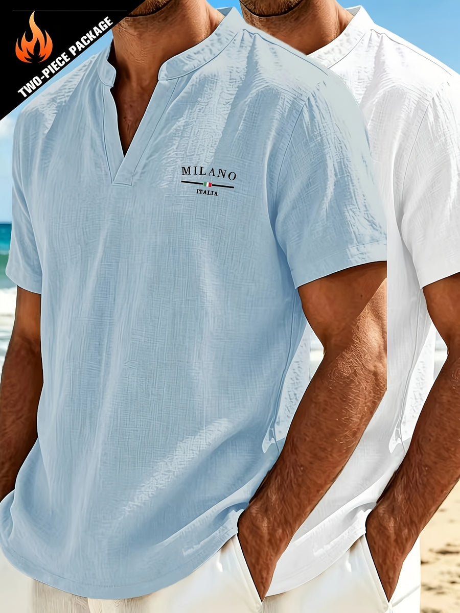 2pcs Men's Linen Outdoor Short Sleeve Vintage Linen Casual Fashion Loose Fit Breathable Comfortable V-Neck Shirt, Suitable for Daily Leisure, Outings, Travel, and Beach - Sky Blue+White