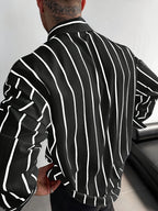 Men's Classic Black and White Striped Long-Sleeve Shirt, Textured Button-Up Shirt, Suitable for Casual and Office Commuting, All Seasons, Men's Gift - Black