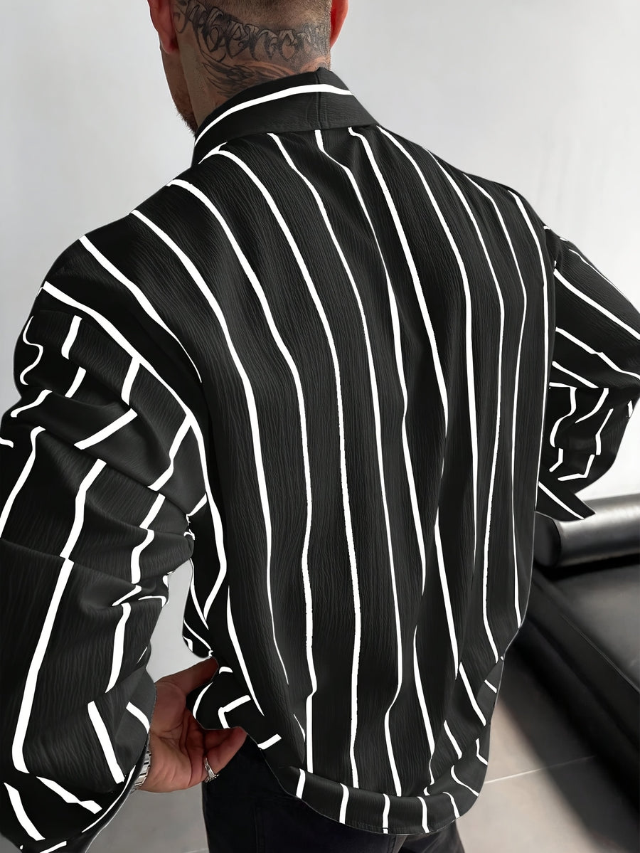Men's Classic Black and White Striped Long-Sleeve Shirt, Textured Button-Up Shirt, Suitable for Casual and Office Commuting, All Seasons, Men's Gift - Black