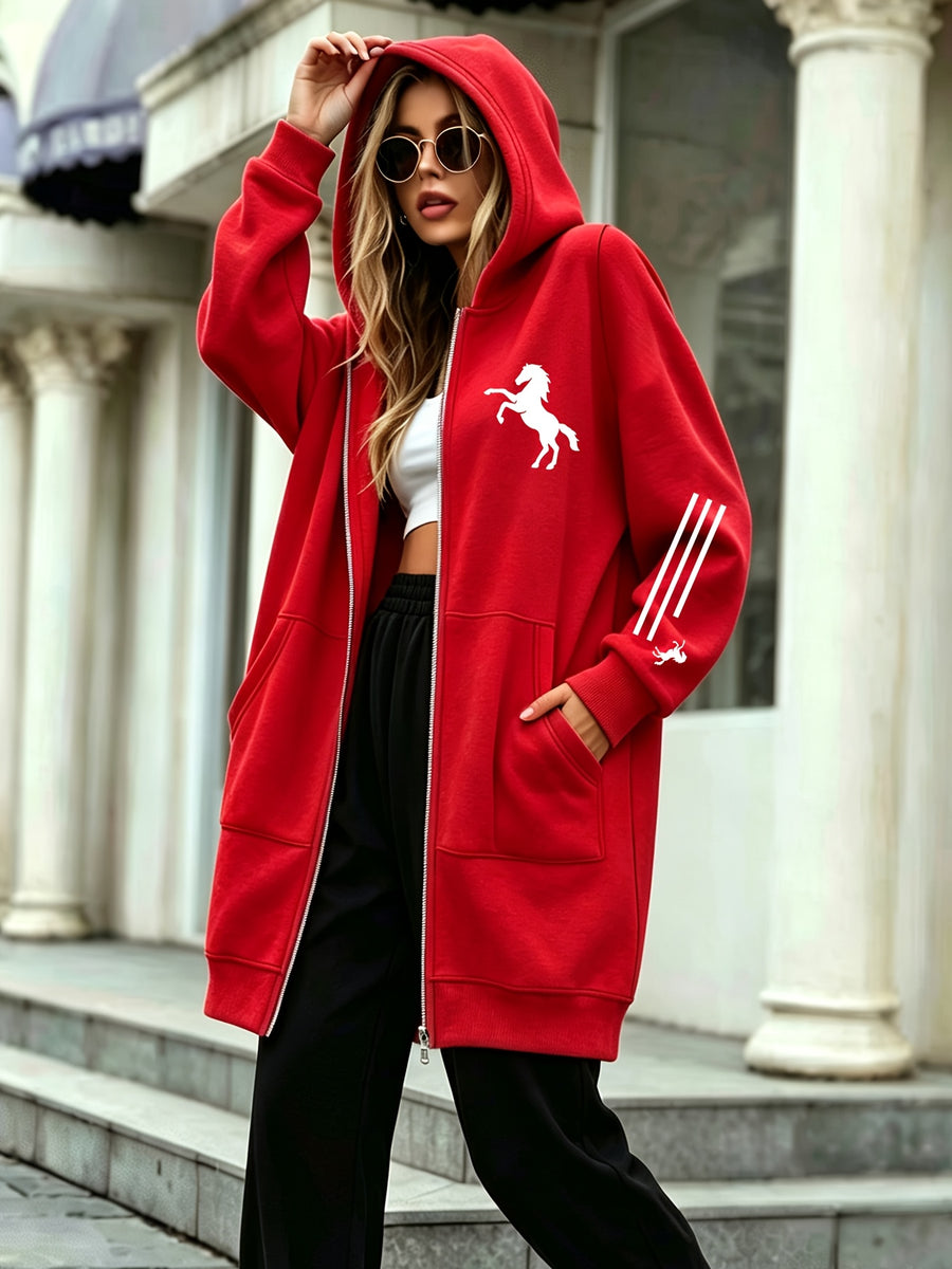 Long Hooded Printed Sweatshirt Jacket Women'S Autumn Winter Thickened Fleece Hoodie Women'S Clothing Versatile Loose Casual Top Long Sleeve Zipper Cardigan Jacket - Red