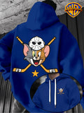 [Officially Licensed by Warner Bros] 1pc, American Retro League Badge Cartoon Character Creative Casual Hoodie - Men'S Fashion Sweatshirt with Double-Sided Print, Adjustable Drawstring Loose Comfortable Hoodie, Suitable for Daily And Outdoor Wear - Blue
