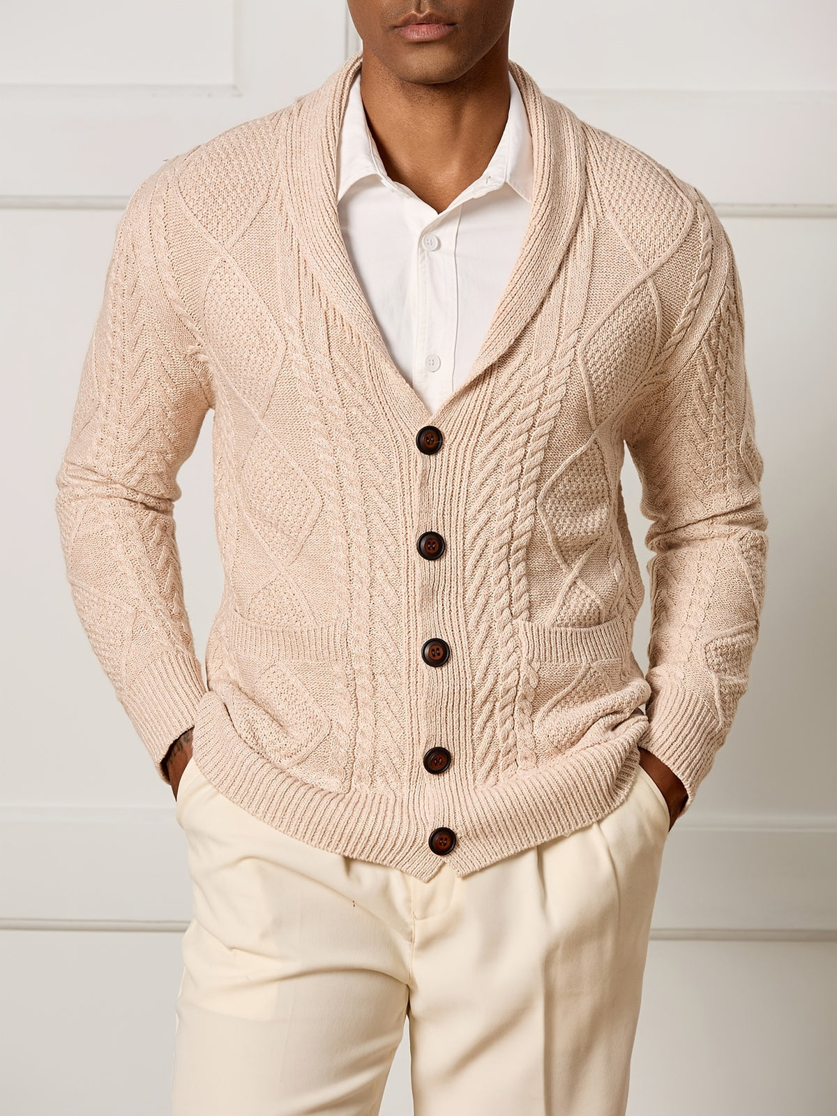 Korean Japanese Minimalist Men Cable Knit Sweater Cardigan Shawl V Lapel Collar Long Sleeve Button Knit Coat with Dual Side Pockets Thick Thermal Soft Knitted Outerwear Loose Oversize Fit Gentleman Daily Business Fall Winter Versatile Knit Top - Khaki